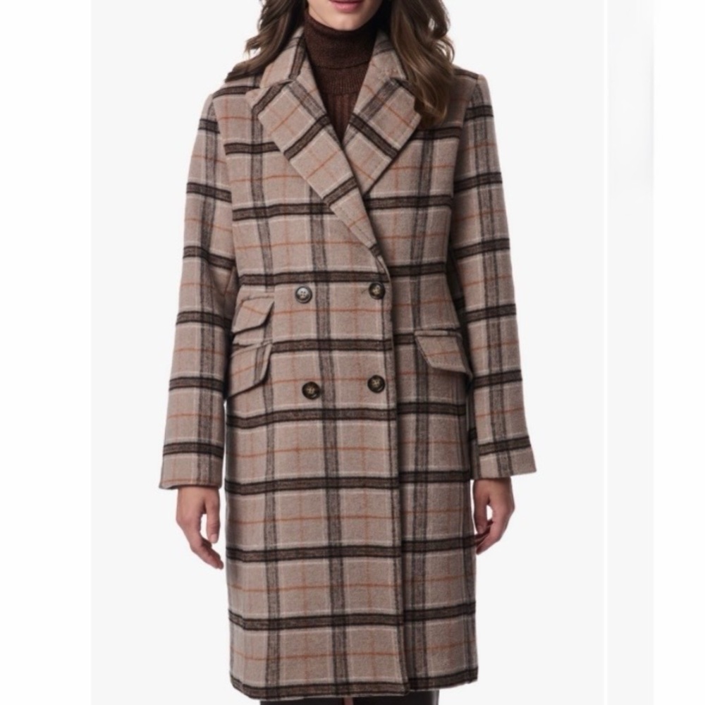 Bernardo Plaid Double Breasted Wool Blend Long Coat Women’s M NWT